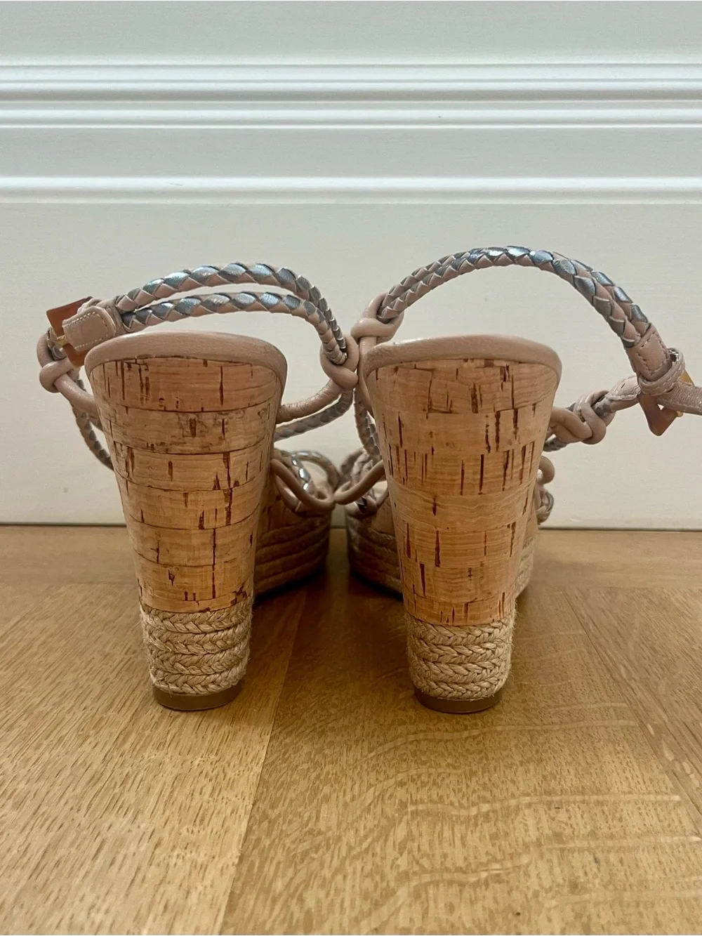 Prada Espadrille Cork Wedge Woven Strappy Tan Silver Pink Sandals Size EU 7/US 7